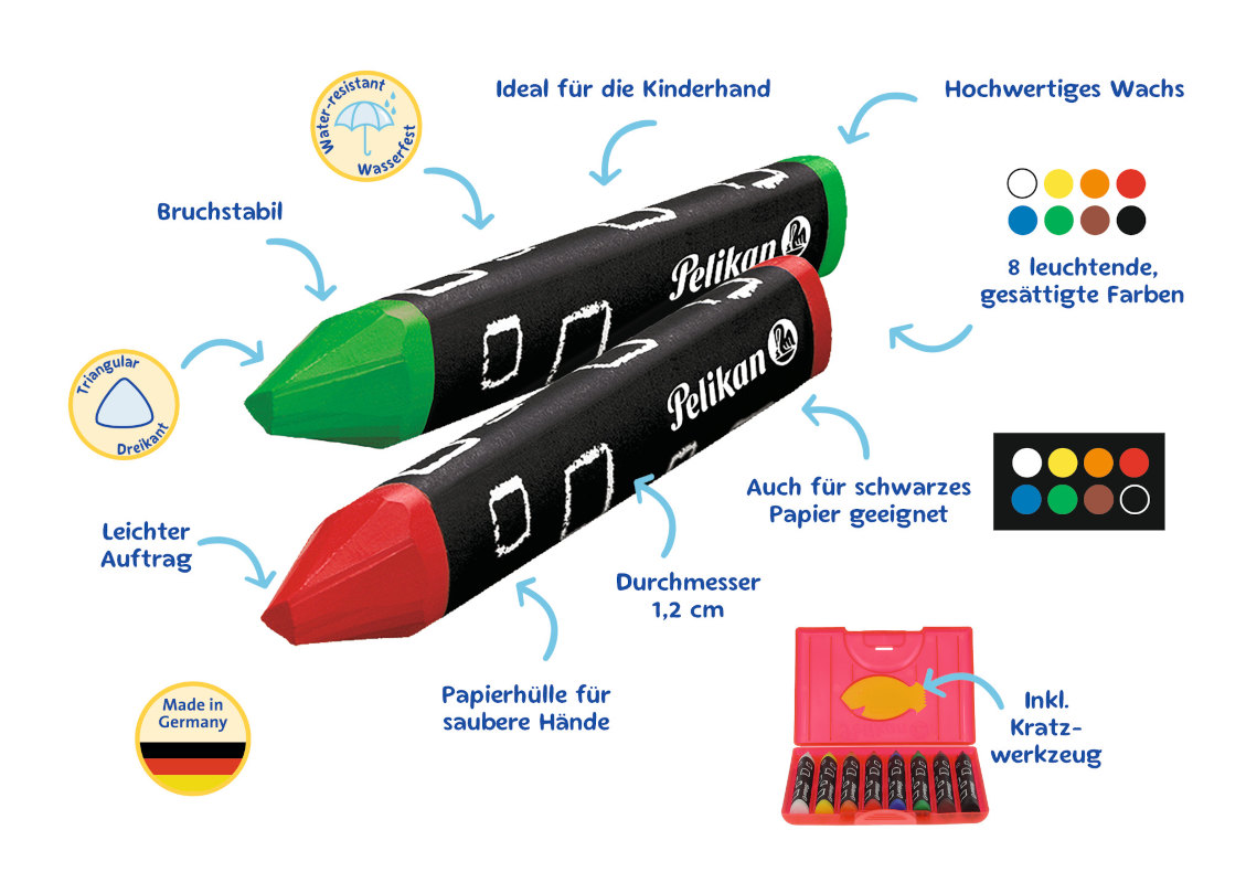Bild 4 Pelikan Wachsmalstifte dreieckig, 8er Kunststoffetui inkl. Schaber, 655/8
